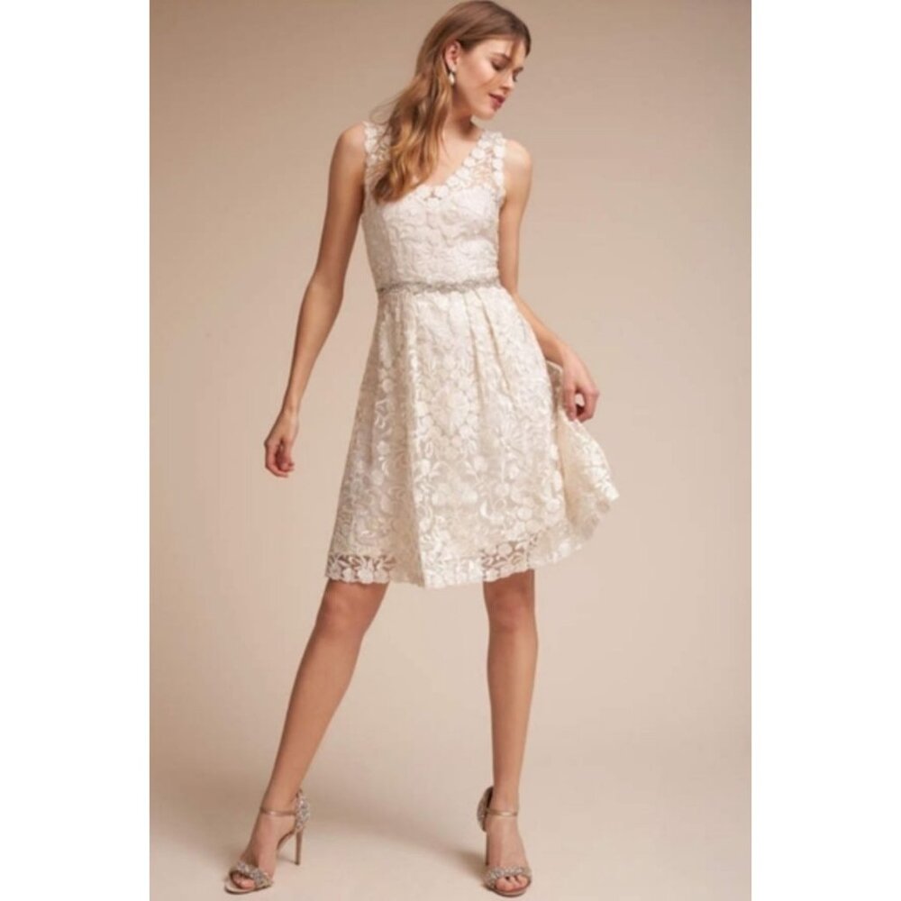 BHLDN Collins Mini Wedding Dress Floral Embroidered Silk A-Line Ivory White 16